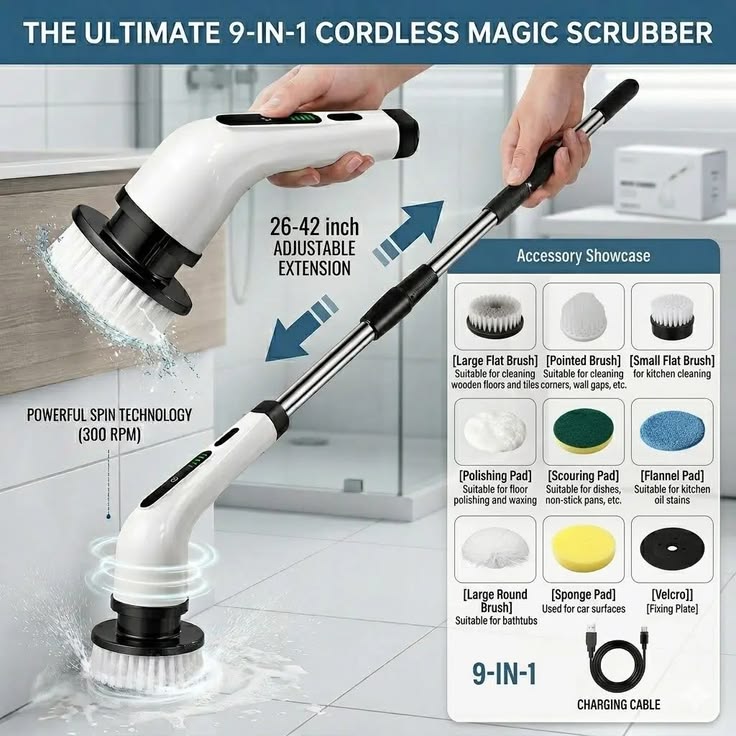 Electric Spin Scrubber – 9-in-1 Cordless Cleaning Brush